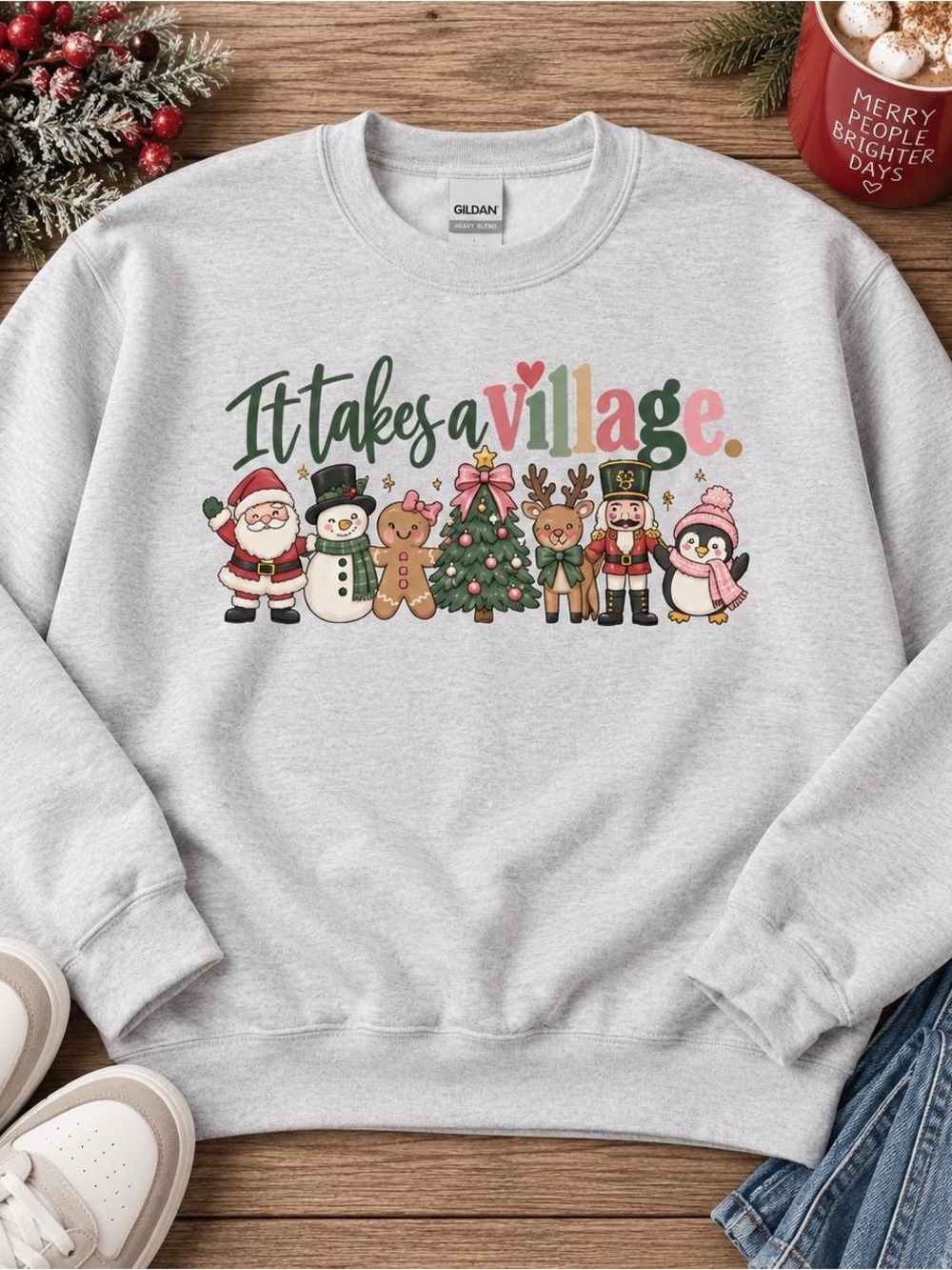 Women's Light Gray 'It Takes a Village' Holiday Sweatshirt
